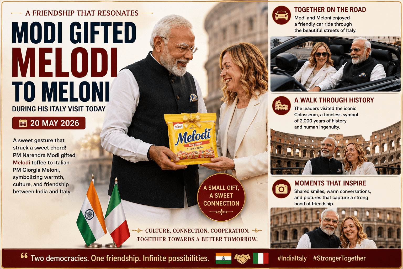 रोम में पीएम मोदी ने मेलोनी को मेलोडी टॉफी की भेट और कोलोजियम में ली सेल्फी ,साथ कार में घूमे ।